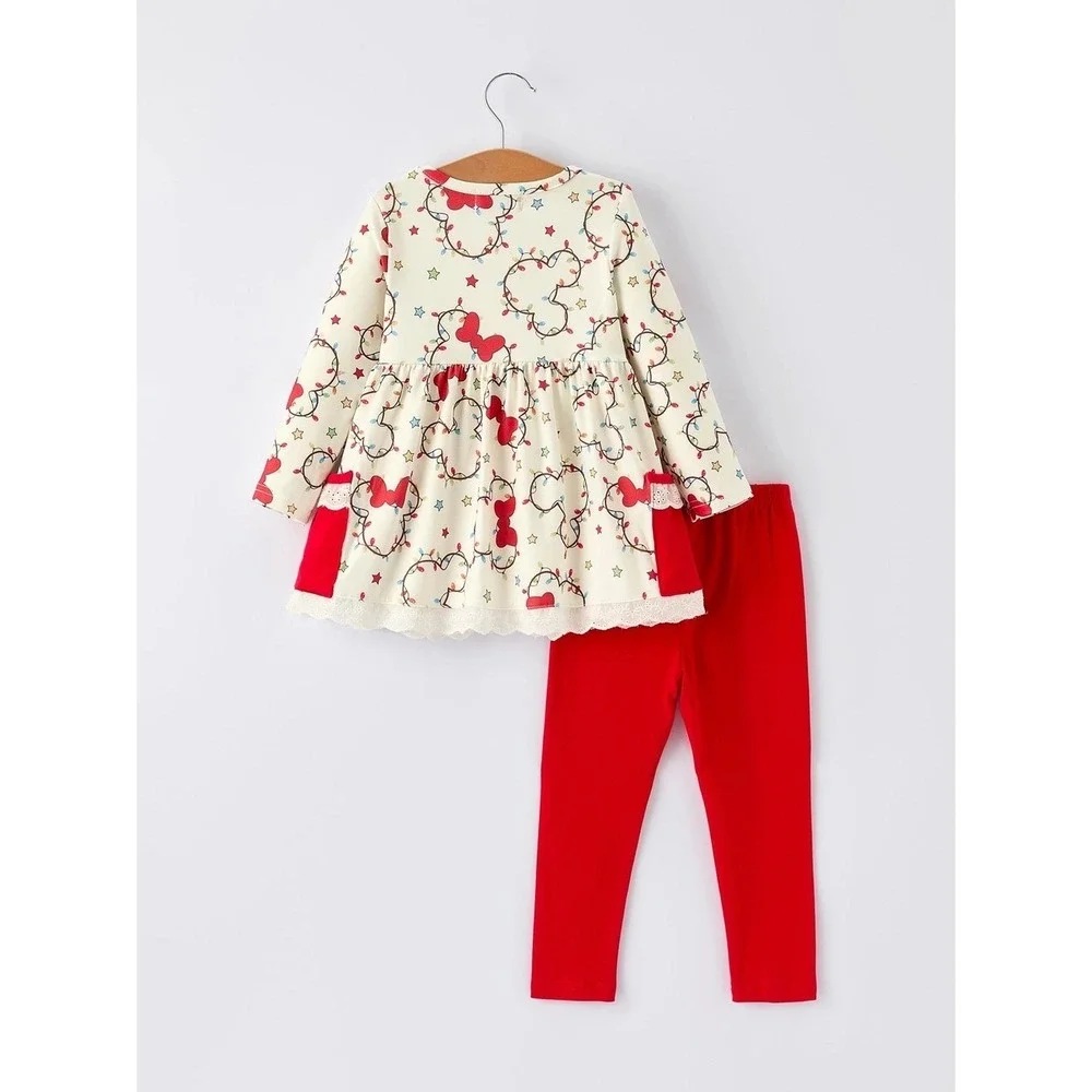 Toddler Girls 3T Christmas Mickey Set Holiday Lights Lace Top Red Pants Boutique